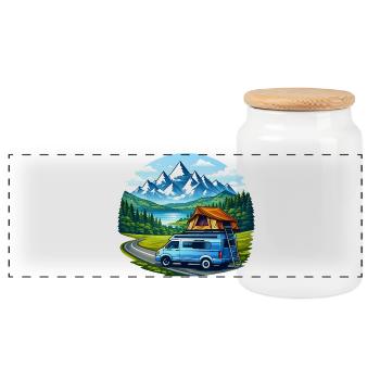 Vanlife Camper Illustration Bergmotiv - Panorama Keksdose mit Holzdeckel - Weiß - Vorne