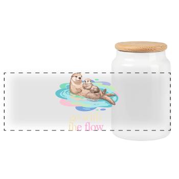 Otter Duo in Pastel Flow - Panoramic Cookie Jar with Wooden Lid - white - Front