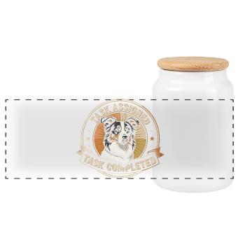 Aufgabe erledigt | Border Collie Badge - Panorama Keksdose mit Holzdeckel - Weiß - Vorne