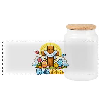Kawaii Kruzifix He is Risen Ostern Jesus - Panorama Keksdose mit Holzdeckel - Weiß - Vorne