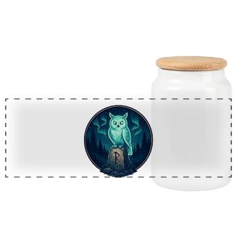 Night Forest Owl Rune Emblem - Panoramic Cookie Jar with Wooden Lid - white - Front