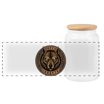 Wolf Ring Emblem with Runes - Panoramic Cookie Jar with Wooden Lid - white - Front