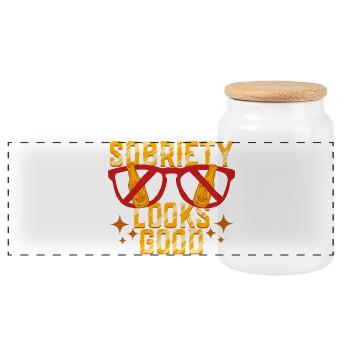 Antialcoholic Abstinent Sobriety Looks Good - Panoramic Cookie Jar with Wooden Lid - white - Front