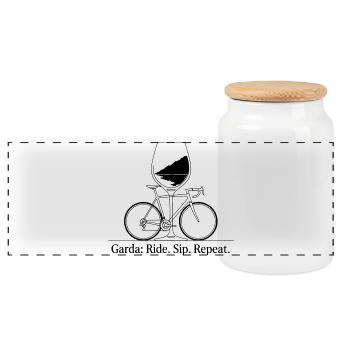 Garda: Ride Sip Repeat Bike & Wine Art - Panoramic Cookie Jar with Wooden Lid - white - Front