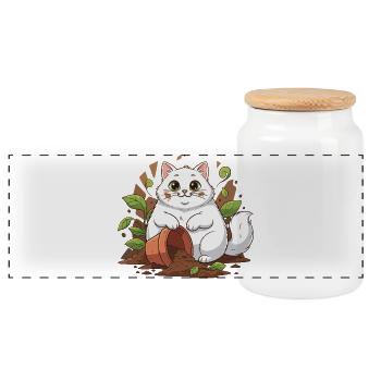 Garden cat in a pot adventure - Panoramic Cookie Jar with Wooden Lid - white - Front
