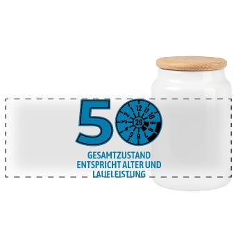 HU April 2026 - 50 Jahre - Geburtstag Geschenk - Panorama Keksdose mit Holzdeckel - Weiß - Vorne