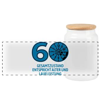 HU April 2026 - 60 Jahre - Geburtstag Geschenk - Panorama Keksdose mit Holzdeckel - Weiß - Vorne