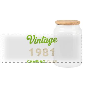 Vintage 1981 – Camping Club Retro Birth Year - Panoramic Cookie Jar with Wooden Lid - white - Front