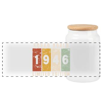 Jubiläum 1946 – 80 Jahre - Panorama Keksdose mit Holzdeckel - Weiß - Vorne