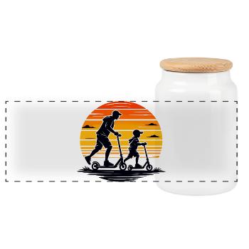 Trottinette avec enfant au coucher de soleil rétro - Boîte à biscuits avec couvercle en bois - blanc - Devant