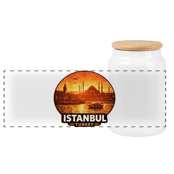 Istanbul Skyline Sunset - Panoramic Cookie Jar with Wooden Lid - white - Front