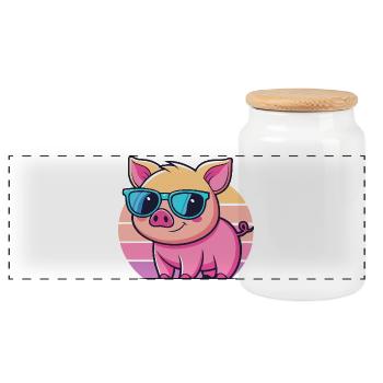 Cool Sun Pig mit blauer Brille - Panorama Keksdose mit Holzdeckel - Weiß - Vorne