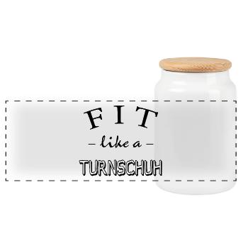 Fitness, Spruch Gym, Fit like a Turnschuh - Panorama Keksdose mit Holzdeckel - Weiß - Vorne