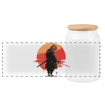 Tiger Samurai at Sunset - Panoramic Cookie Jar with Wooden Lid - white - Front