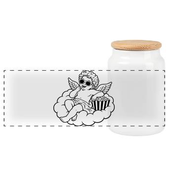 Cherub chills with popcorn on cloud - Panoramic Cookie Jar with Wooden Lid - white - Front