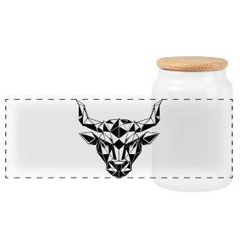 Geometric bull's head black and white, zodiac sign - Panoramic Cookie Jar with Wooden Lid - white - Front
