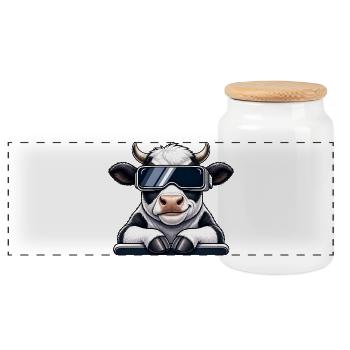 Cool Cow Farmer Farmer Farmer Cartoon VR Gamer - Panoramic Cookie Jar with Wooden Lid - white - Front