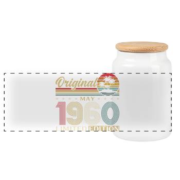 66th Birthday Gift Original May Vintage 1960's - Panoramic Cookie Jar with Wooden Lid - white - Front