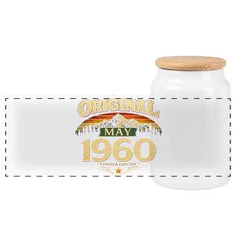 66th Birthday Gift Original May 1960 - Panoramic Cookie Jar with Wooden Lid - white - Front