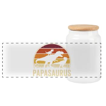 Papasaurus Dad Dinosaur Father Papa - Panoramic Cookie Jar with Wooden Lid - white - Front