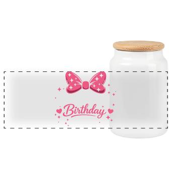 Girl's Birthday Design - Magic Pink Bow and E - Panoramic Cookie Jar with Wooden Lid - white - Front