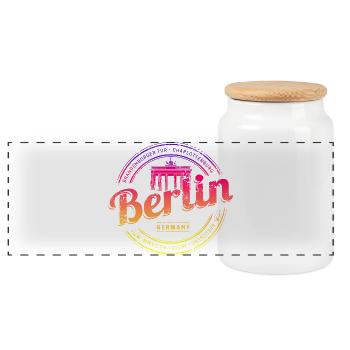 Berlin in Deutschland mit Regenbogenfarben Design - Panorama Keksdose mit Holzdeckel - Weiß - Vorne