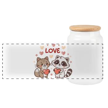 Duo Amoureux Chat et Raton Laveur Kawaii - Boîte à biscuits avec couvercle en bois - blanc - Devant