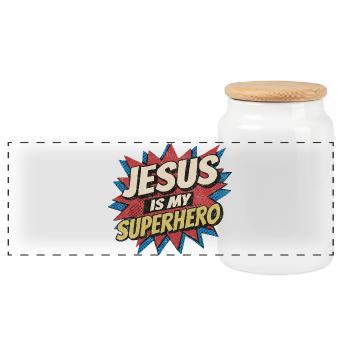 Jesus Is My Superhero - Retro Comic Pop Art - Panoramic Cookie Jar with Wooden Lid - white - Front
