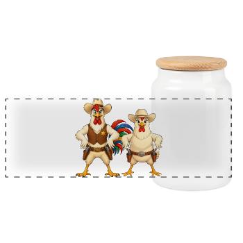 Rooster and chicken in Wild West - Panoramic Cookie Jar with Wooden Lid - white - Front