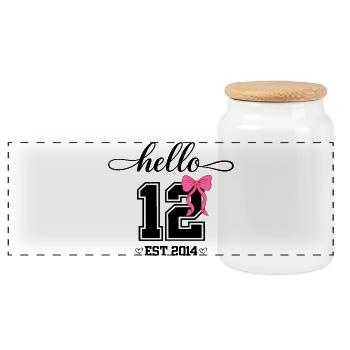 Hello 12 Est 2014 Coquette Schleife Mädchen Geburt - Panorama Keksdose mit Holzdeckel - Weiß - Vorne