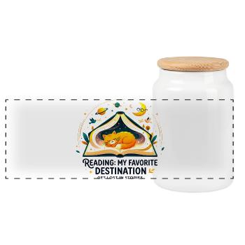 Reading_Cat_Favorite_Destination - Panoramic Cookie Jar with Wooden Lid - white - Front