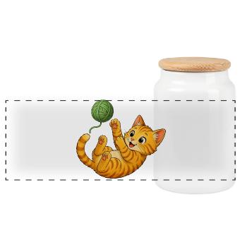 Kätzchen spielt mit Wolle - Panorama Keksdose mit Holzdeckel - Weiß - Vorne