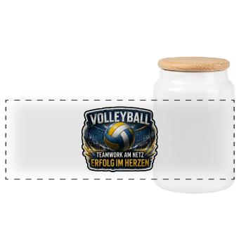 Volleyball – Erfolg im Herzen - Panorama Keksdose mit Holzdeckel - Weiß - Vorne