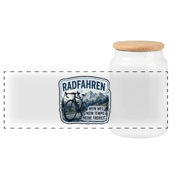 Radfahren – Meine Freiheit - Panorama Keksdose mit Holzdeckel - Weiß - Vorne