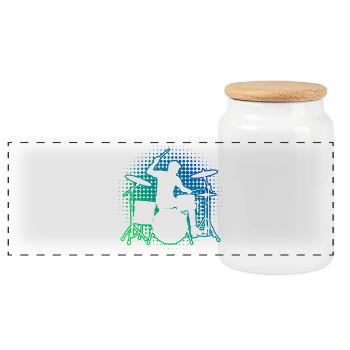 Geschenkidee für den Drummer mit Schlagzeugspielen - Panorama Keksdose mit Holzdeckel - Weiß - Vorne