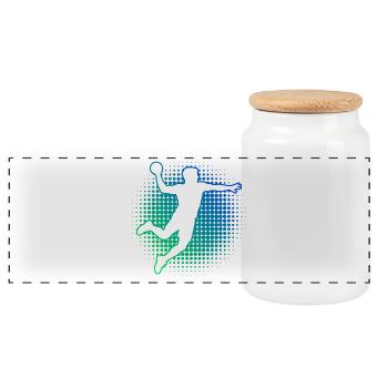 Geschenkidee für den Kreisläufer mit Handballspiel - Panorama Keksdose mit Holzdeckel - Weiß - Vorne