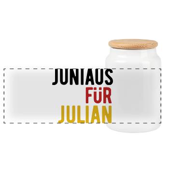 JuniAUS für JuliAN - Fußball Banner 2026 - Panorama Keksdose mit Holzdeckel - Weiß - Vorne