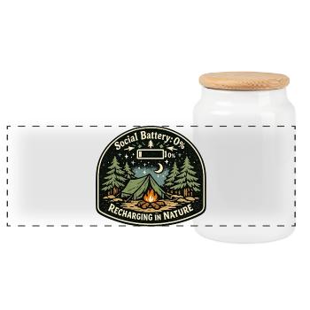 Social Battery 0% Recharging in Nature - Panoramic Cookie Jar with Wooden Lid - white - Front