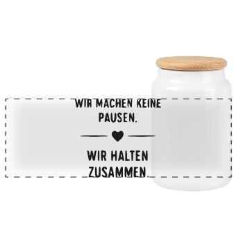 Wir halten zusammen – Pausenloser Zusammenhalt - Panorama Keksdose mit Holzdeckel - Weiß - Vorne