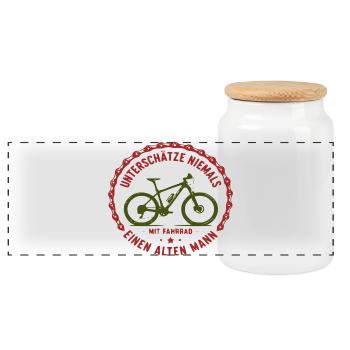 Nie Unterschätzen Alten Mann Mit Fahrrad - Panorama Keksdose mit Holzdeckel - Weiß - Vorne