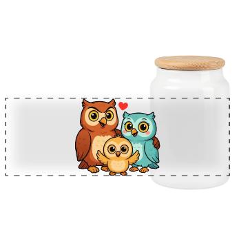 Owl Family - Panoramic Cookie Jar with Wooden Lid - white - Front