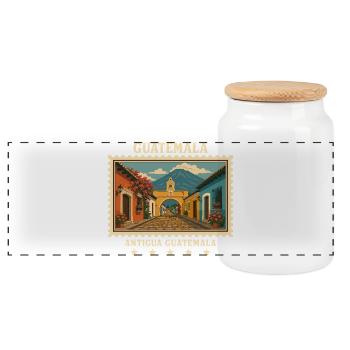Guatemala Antigua Vintage Reisemarke - Panorama Keksdose mit Holzdeckel - Weiß - Vorne
