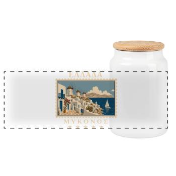 Griechenland Mykonos Vintage Reisemarke - Panorama Keksdose mit Holzdeckel - Weiß - Vorne