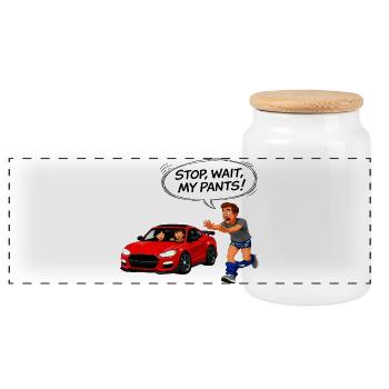 S’échapper avec une voiture rouge - Boîte à biscuits avec couvercle en bois - blanc - Devant