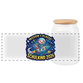 Mission 1. Klasse Schulkind 2026 - Panorama Keksdose mit Holzdeckel - Weiß - Vorne