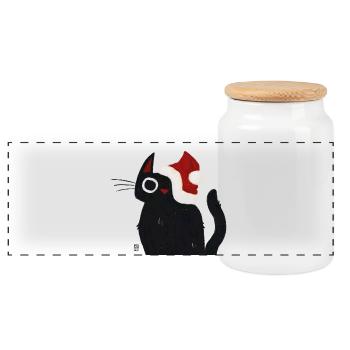 Chat noir avec chapeau de Père Noël - Boîte à biscuits avec couvercle en bois - blanc - Devant