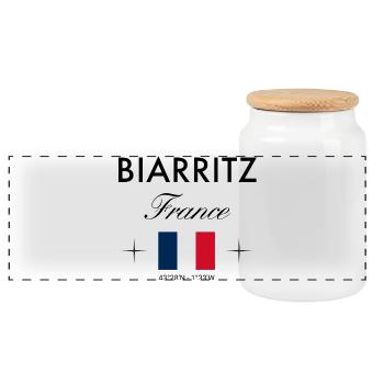Biarritz France Coordinates Travel Souvenir - Panoramic Cookie Jar with Wooden Lid - white - Front