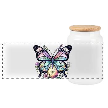 Pastel Floral Butterfly - Panoramic Cookie Jar with Wooden Lid - white - Front