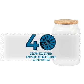 HU August 2026 - 40 Jahre - Geburtstag Geschenk - Panorama Keksdose mit Holzdeckel - Weiß - Vorne