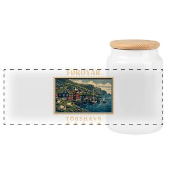 Färöer Tórshavn Vintage Reisemarke - Panorama Keksdose mit Holzdeckel - Weiß - Vorne